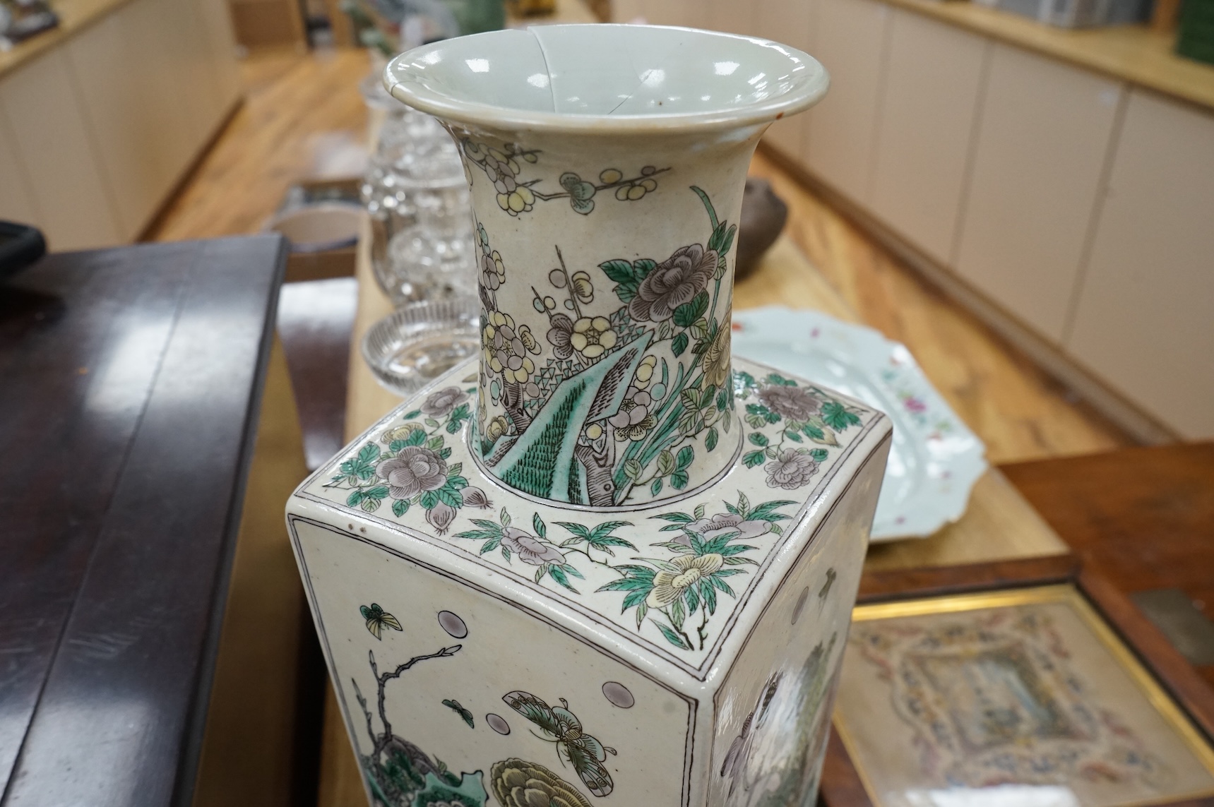A large Chinese famille verte enamelled biscuit square vase, late 19th century, 50cm